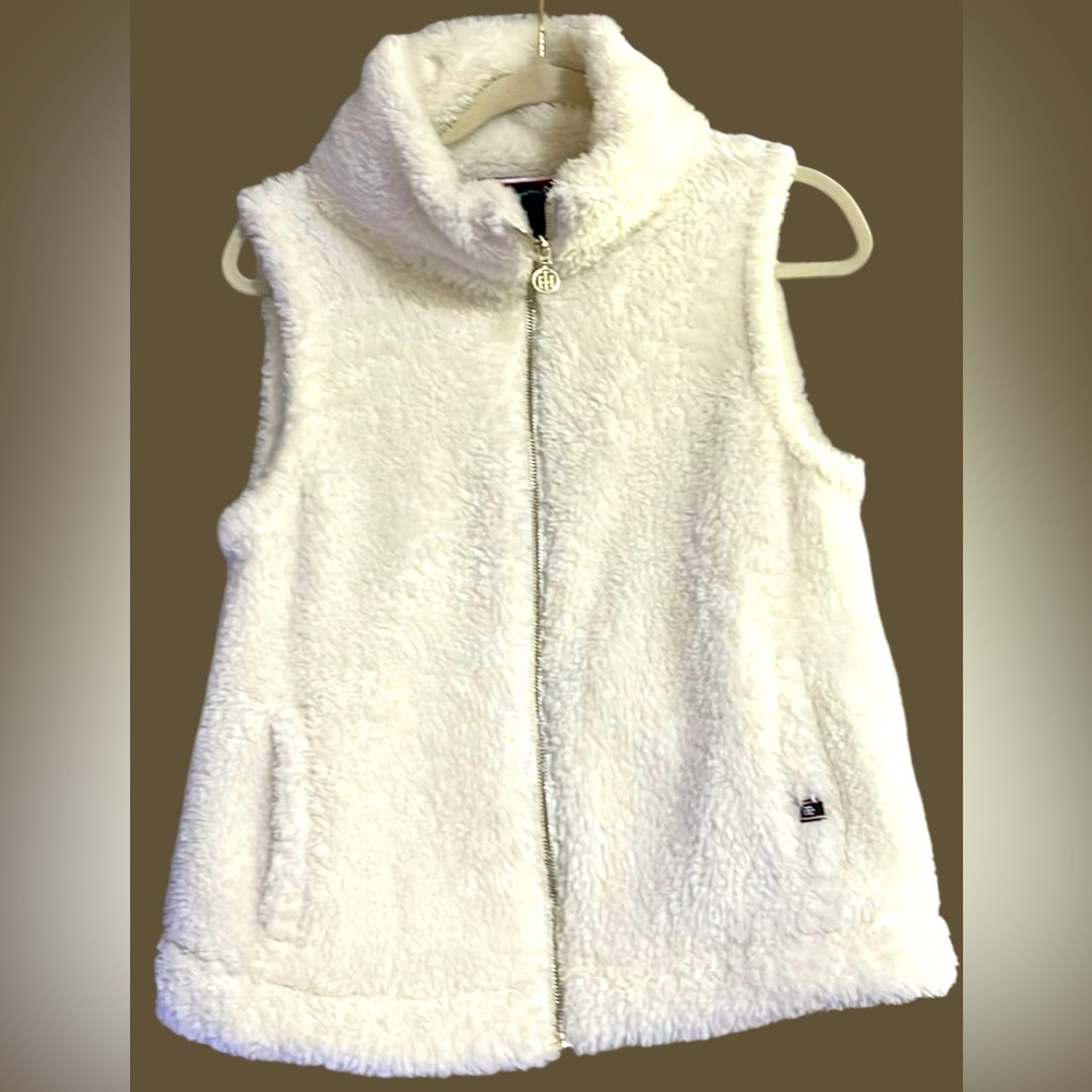 TOMMY HILFIGER Winter White Full Zip Plush Sherpa Fleece Vest, Sz Small, GUC.